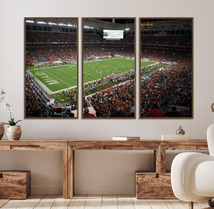 Aerial view of a Miami Hurricanes game at Hard Rock Stadium captured on canvas print, showcasing the teams on the field and fans in the stands.