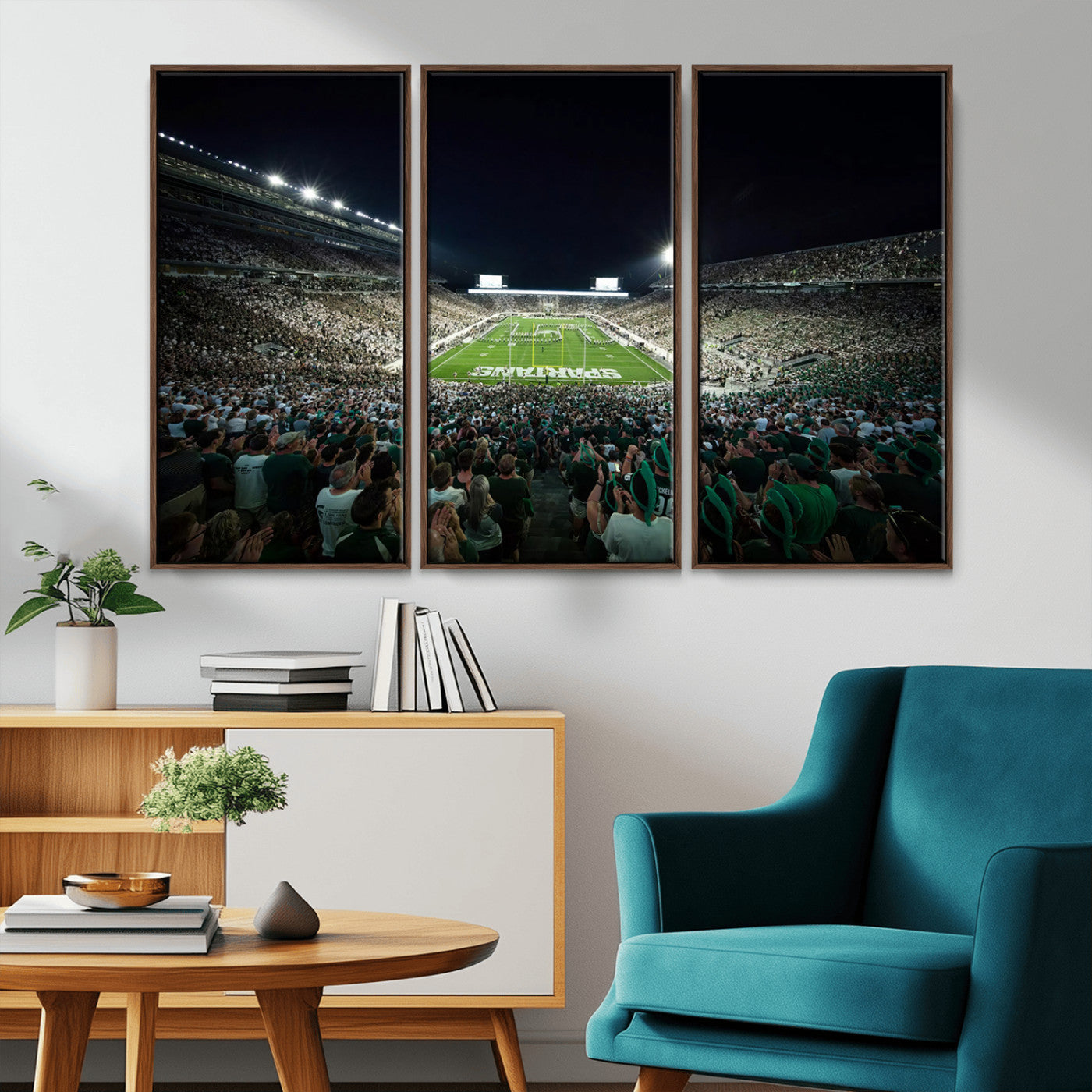 MGV-FC-48X32-3P - Framed Michigan State Spartans Football Team Print - East Lansing Spartan Stadium Wall Art Canvas