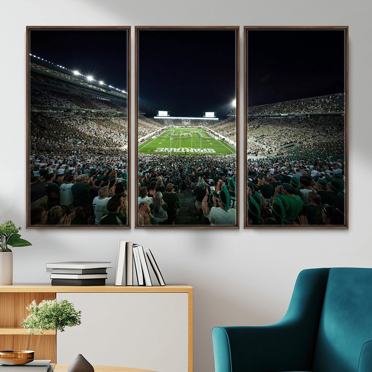 57523-PAN-FL-20X10 - Framed Michigan State Spartans Football Team Print - East Lansing Spartan Stadium Wall Art Canvas