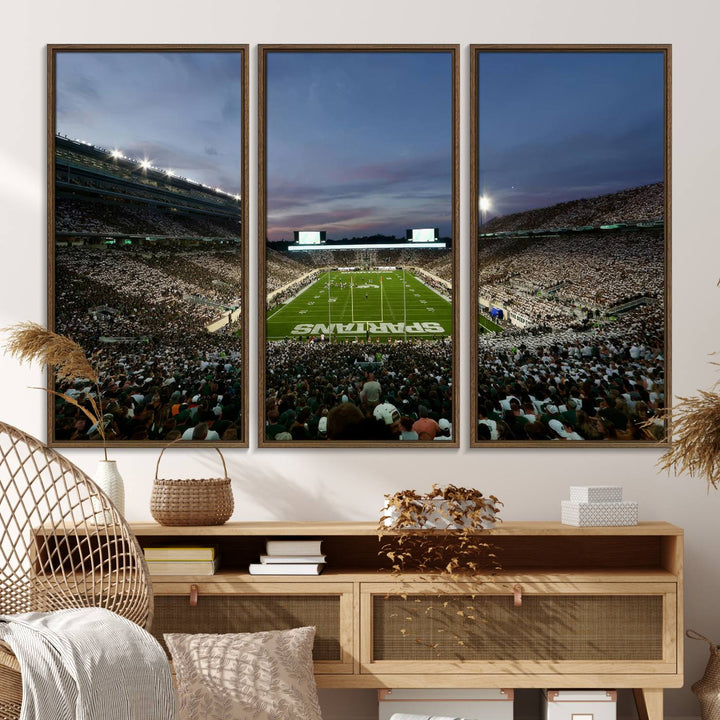 Wall art featuring a stadium at dusk with full stands—ideal for the Michigan State Spartans Football Team Canvas Print.