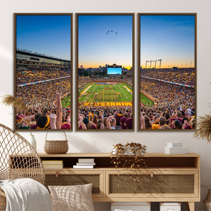 Canvas wall art featuring the University of Minnesota Football Team print, showcasing Huntington Bank Stadium at sunset with jets overhead.