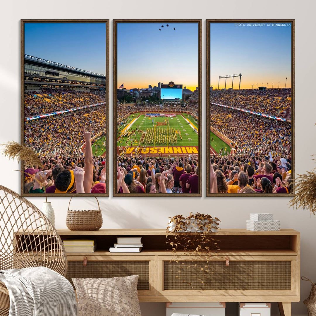 The University of Minnesota Golden Gophers Football Team Print, capturing a sunset scene, is ideal for gallery-quality wall art.