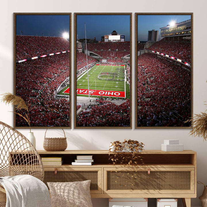 Premium gallery-quality canvas wall art featuring an aerial view of a packed Ohio State stadium at dusk, highlighting the Buckeyes.