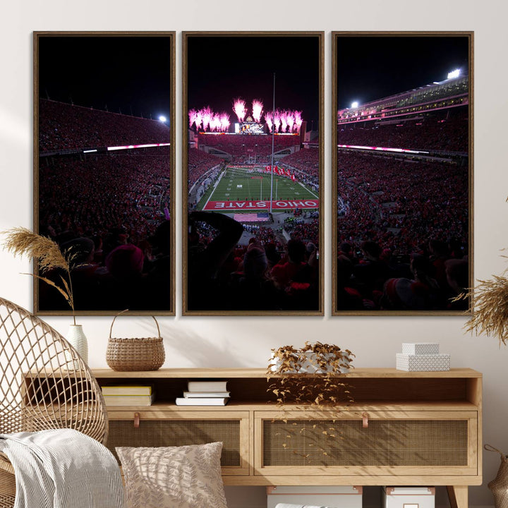 Premium canvas wall art featuring Ohio State University Buckeyes football stadium and fireworks.