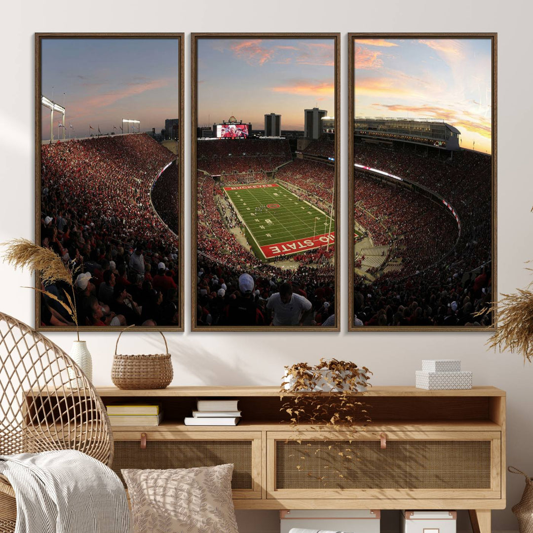 The canvas wall art captures a stunning stadium view of a sunset over Ohio State University Buckeyes football fans.