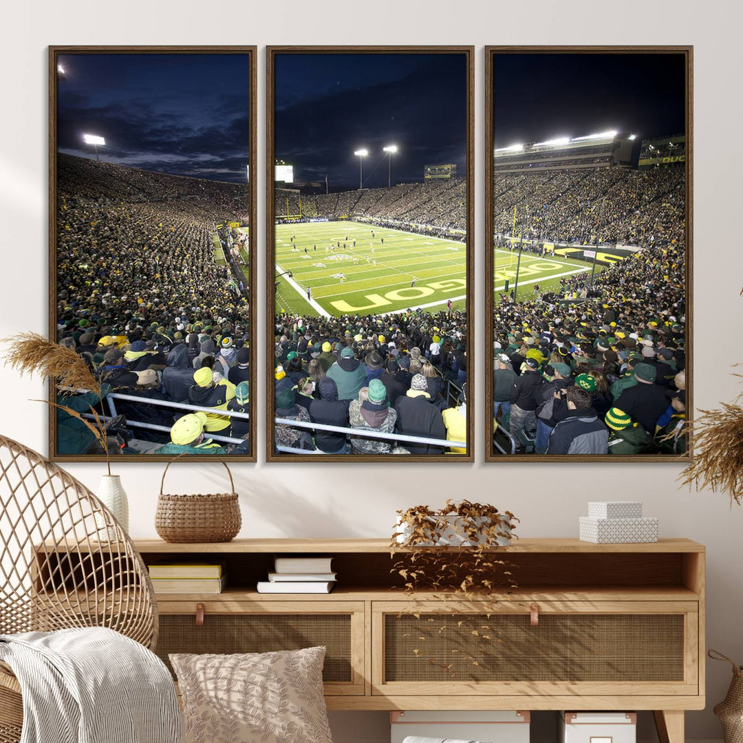 Under bright lights, a University of Oregon Ducks Canvas Print captures the excitement of fans packing Autzen Stadium for a night football game.