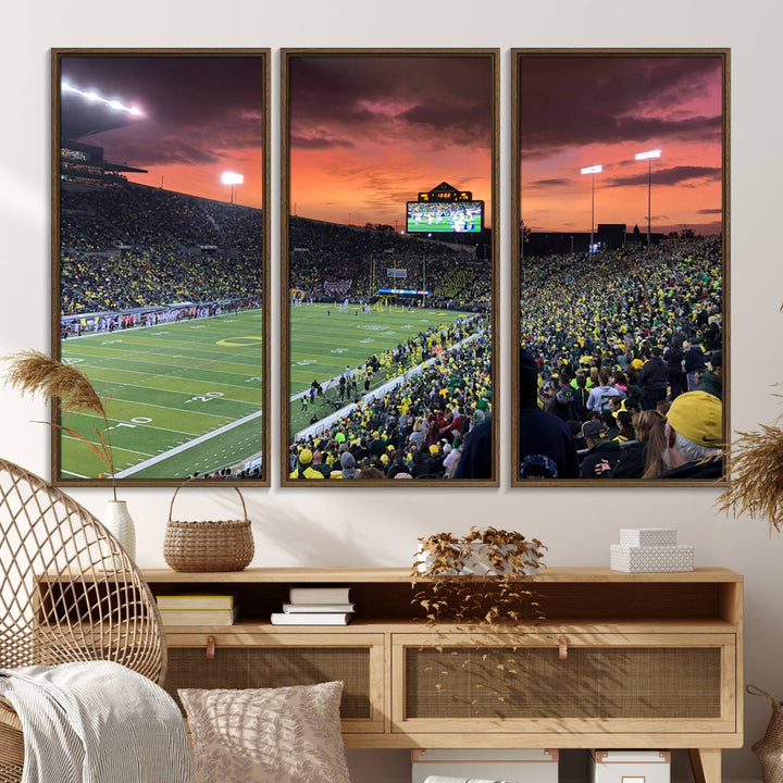 This stunning wall art print captures a vibrant sunset at Eugene Autzen Stadium.