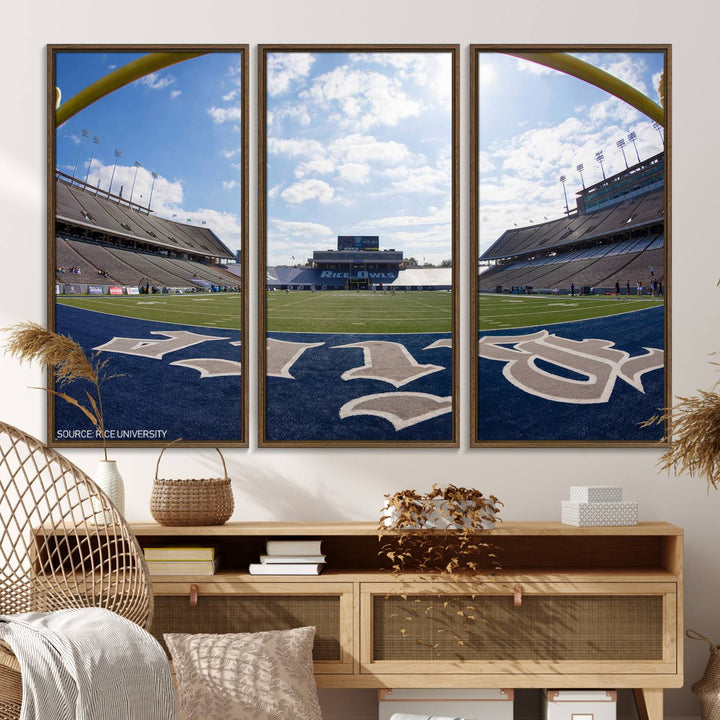 Fish-eye view of an empty stadium, ideal wall art on premium canvas: Rice University Owls Football Team Print.