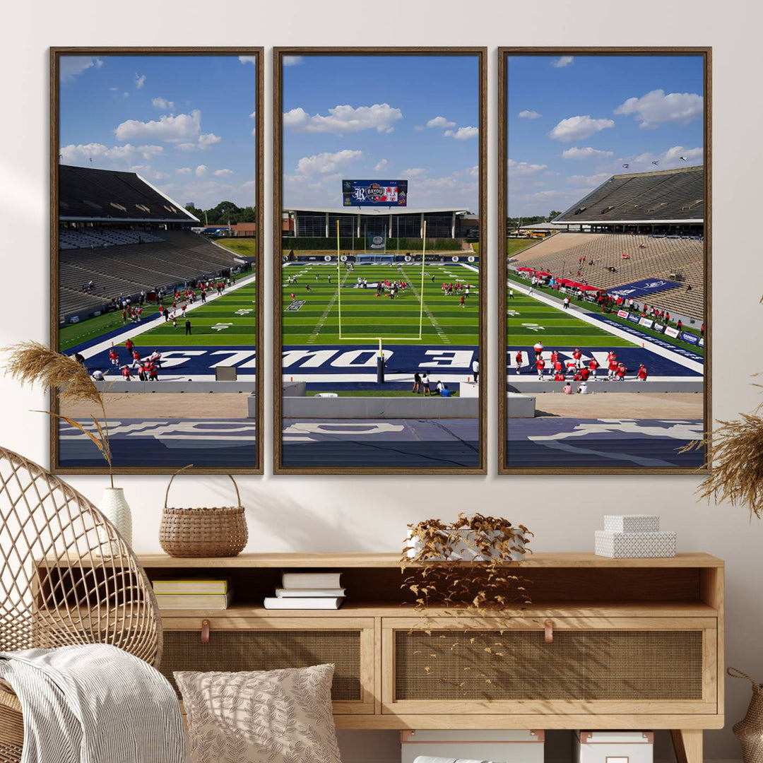 Rice Stadium print: This artwork features a football field with empty stands and a gallery-quality finish under a clear blue sky.