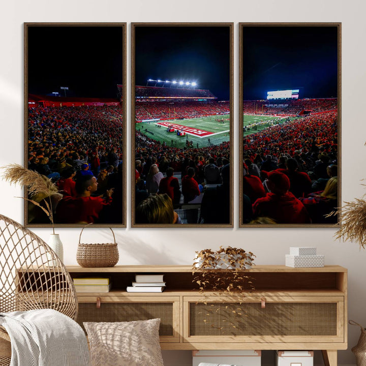 A premium canvas wall art print depicting Rutgers Scarlet Knights SHI Stadium filled with fans under vibrant lights.