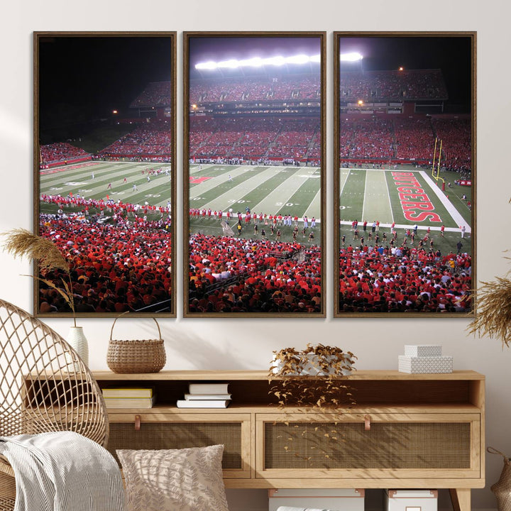 A bustling night game at SHI Stadium is captured as Rutgers Scarlet Knights wall art on a gallery-quality canvas print.