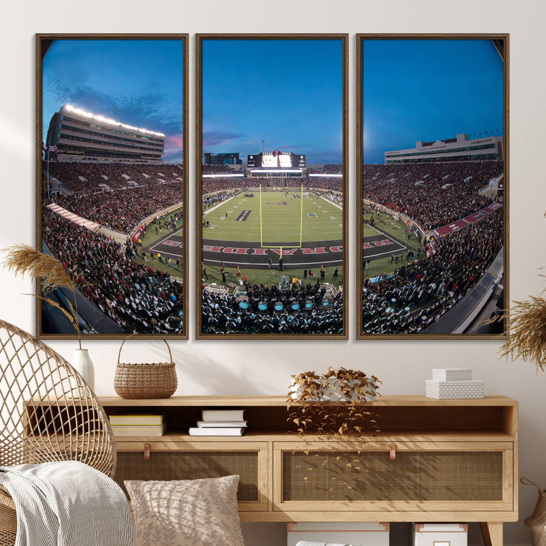 The wall art in the living room features a Texas Tech Red Raiders Football Team Print, showcasing Jones AT&T Stadium at dusk.