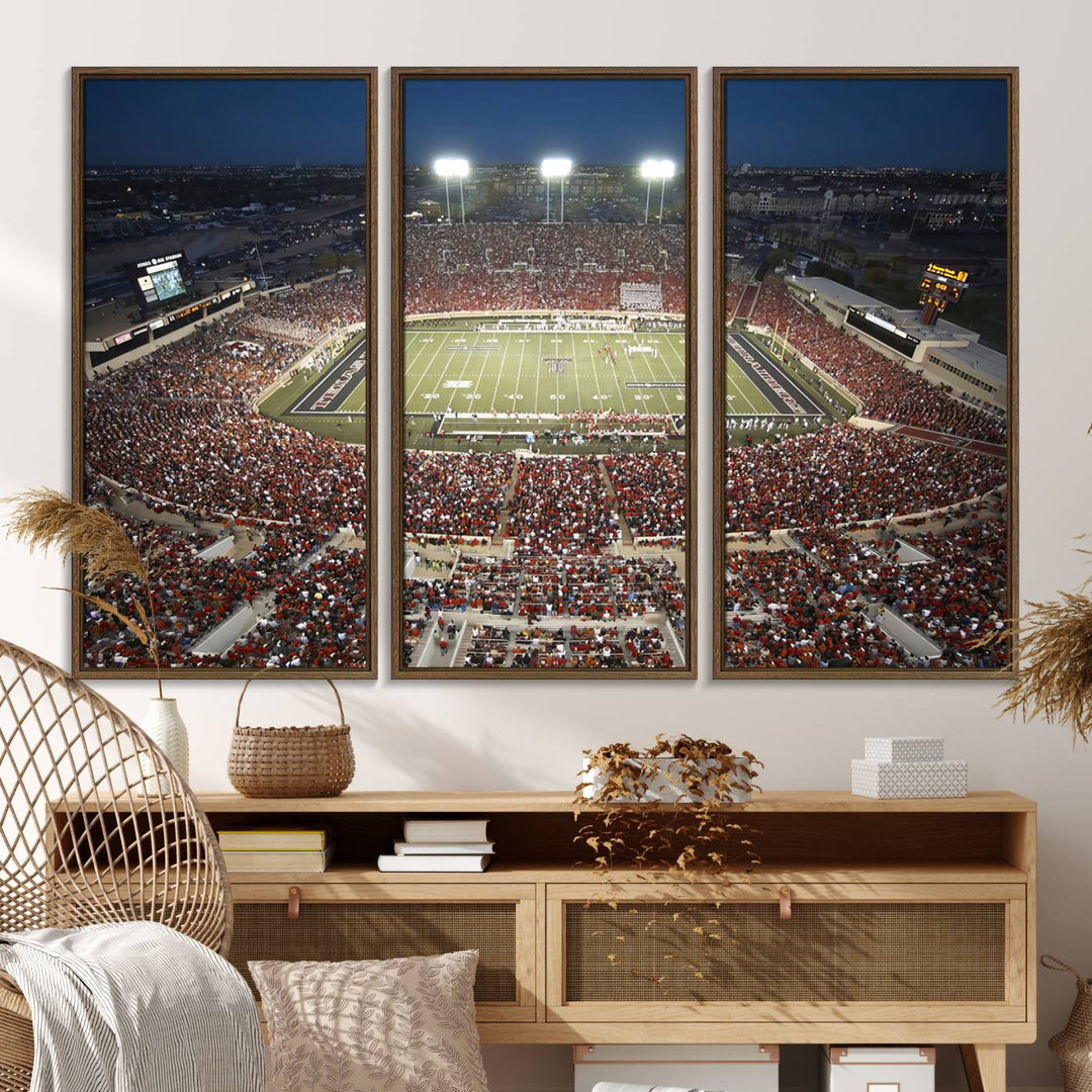 Canvas wall art featuring an aerial view of the Texas Tech Red Raiders packed night game at Lubbock’s Jones AT&T Stadium.