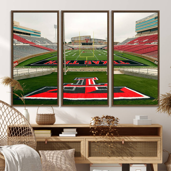 Gallery-quality print of Lubbock Jones AT&T Stadium featuring the Texas Tech Red Raiders field, highlighted by red and gray bleachers.