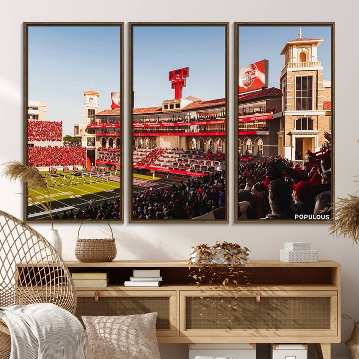 The three-panel Jones AT&T Stadium wall art is ideal for enhancing the living room decor of college football fans.