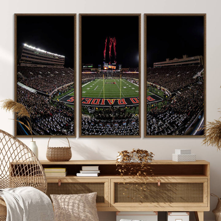 The wall features a Texas Tech Red Raiders Football Team Print on canvas, showcasing fireworks over a packed stadium at night.