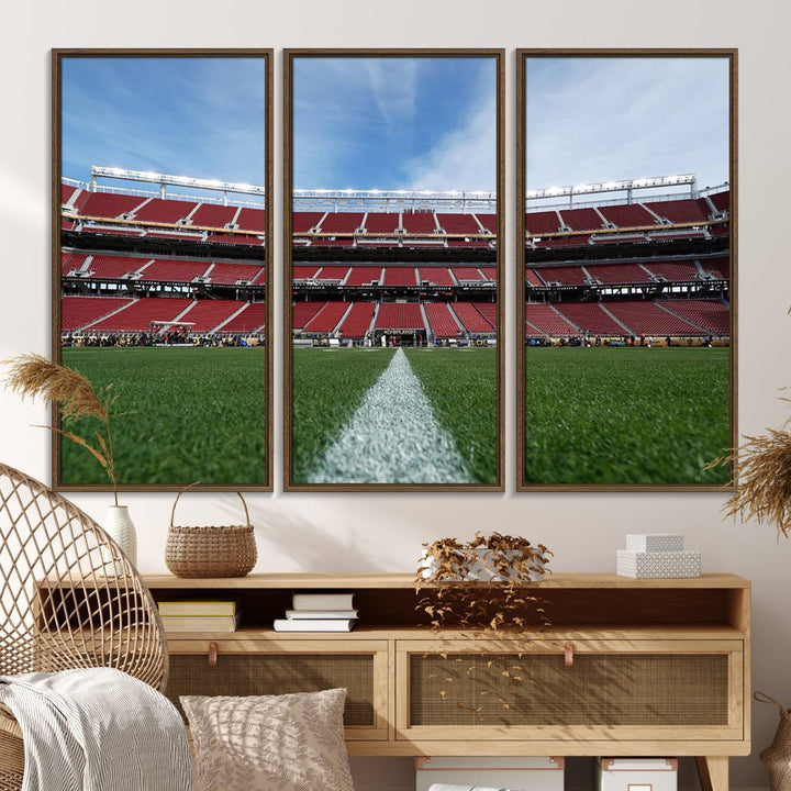 A canvas print of the University of Tulsa Golden Hurricane showcases H.A. Chapman Stadiums football field and red seats against a backdrop of a blue sky.