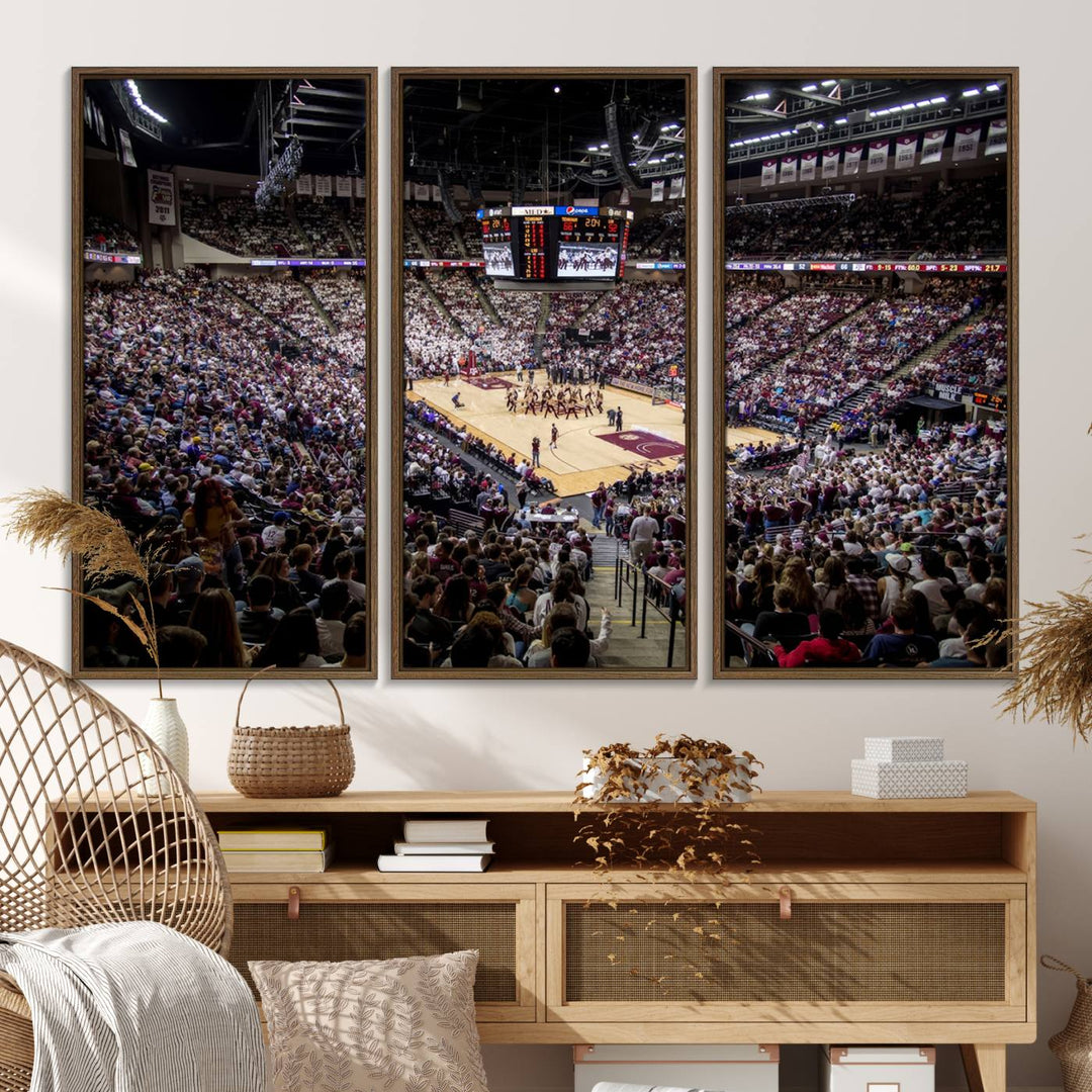 The Nebraska Basketball Arena Wall Art Canvas features an arena filled with Cornhuskers fans and players beneath a scoreboard.