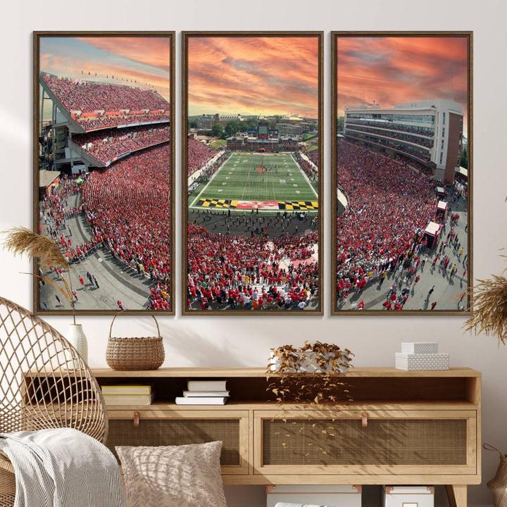 A packed SECU Stadium at sunset, ideal for your University of Maryland Terrapins Football Team wall art canvas print.