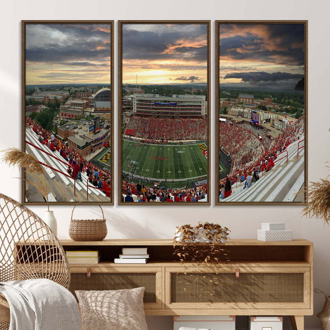 The University of Maryland Terrapins Football Team Print features SECU Stadium at sunset with vibrant skies.