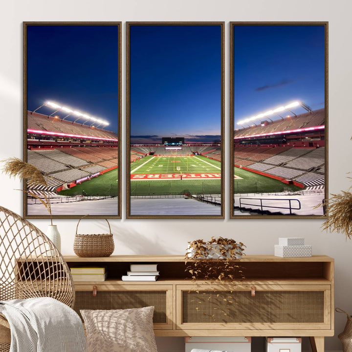 A large SHI Stadium at dusk, ideal for a Rutgers Scarlet Knights Football Team canvas print.