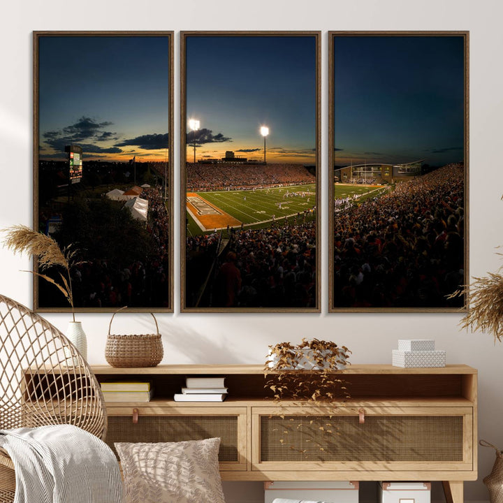 Ball State Cardinals Football Team Print - Muncie Scheumann Stadium Canvas featuring a sunset, floodlights, and lively crowd.