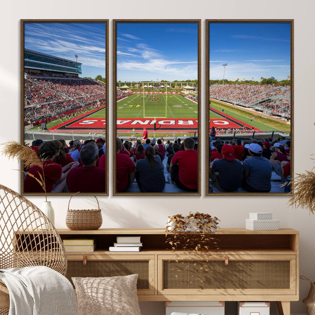 The Ball State Cardinals wall art on canvas depicts fans in red at Scheumann Stadium.