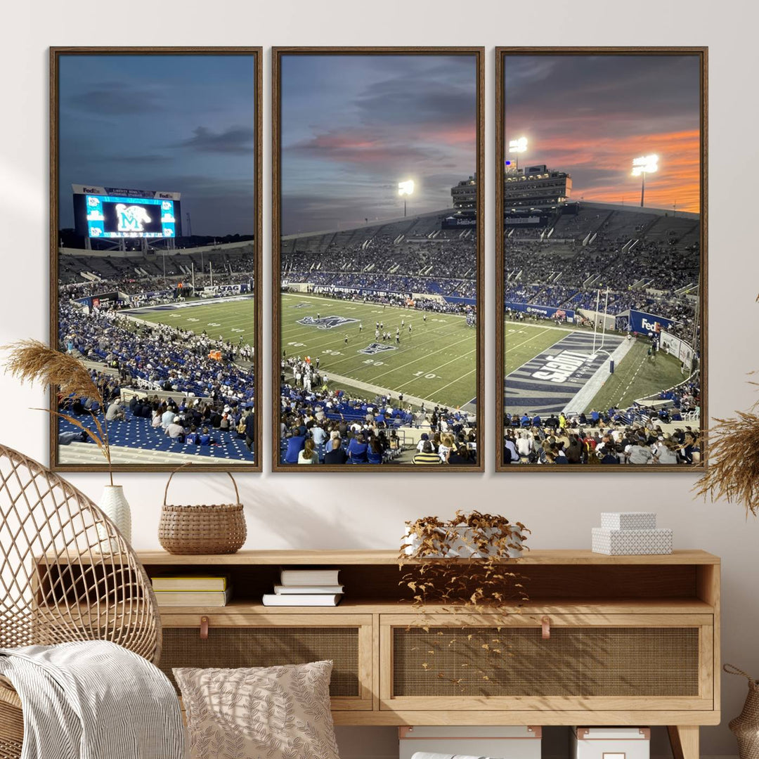 A Memphis Tigers football canvas print of Simmons Bank Liberty Stadium at sunset enhances the living room.