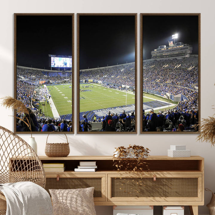 A vibrant depiction of Liberty Stadium at night, highlighting a Tigers football game on the large screen with stands filled with enthusiastic fans.