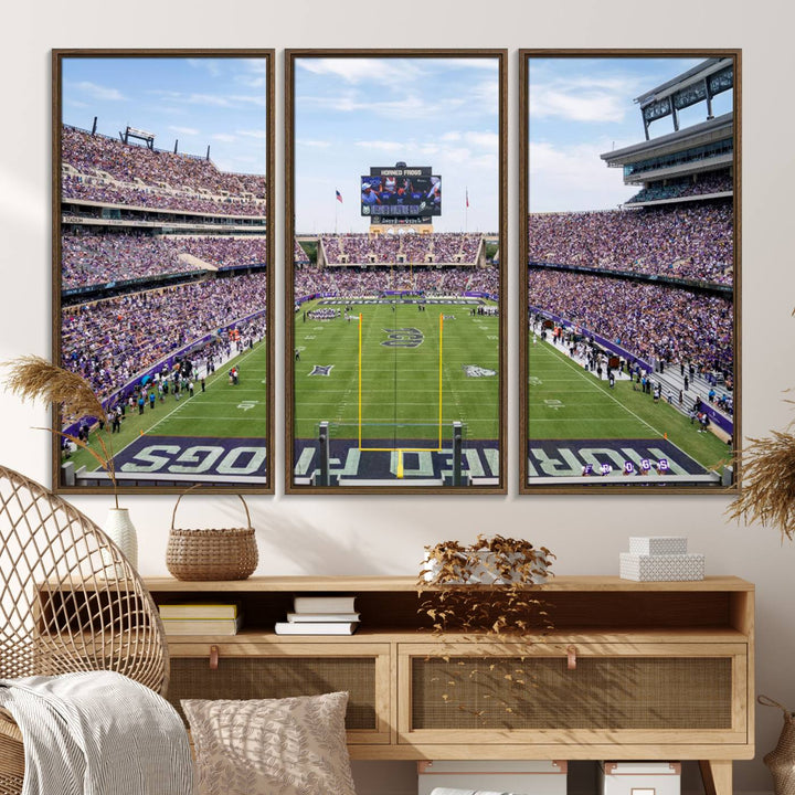 The TCU Horned Frogs print portrays a vibrant Amon G. Carter Stadium, filled with energy and game action.