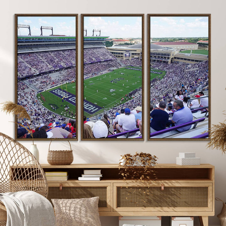 Amon G. Carter Stadium wall art canvas showcasing the TCU Horned Frogs and packed stands at Fort Worth.