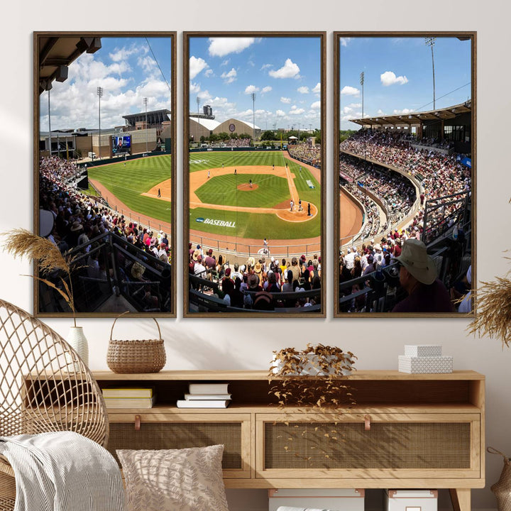 A baseball stadium under a blue sky, capturing the energy of The Texas A&M Aggies Athletics Kyle Field Wall Art.