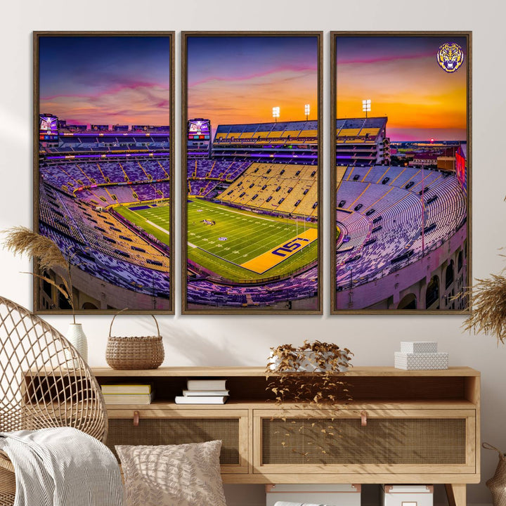 A canvas print of Tiger Stadium at sunset, depicting an empty field and stands, adorns the wall.