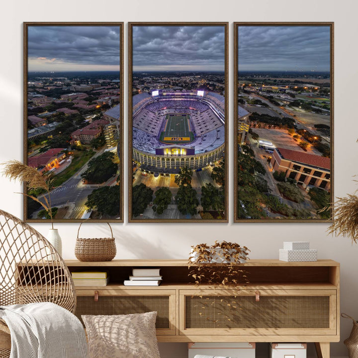 The LSU Tigers Football Team Baton Rouge Tiger Stadium Canvas is displayed prominently, capturing attention with its vivid depiction of the iconic stadium.