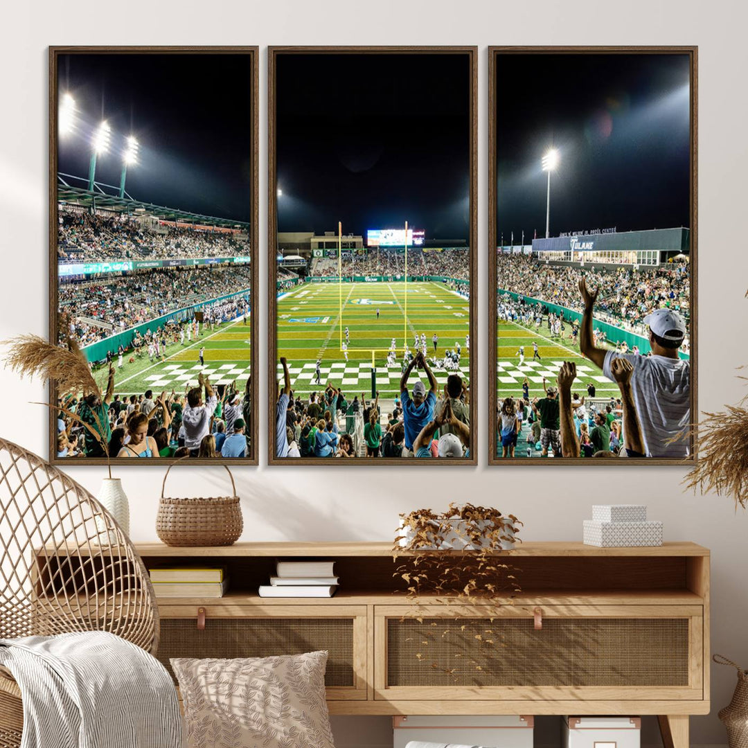 This vibrant wall art canvas print captures the excitement of fans cheering for the Tulane Green Wave Football Team under the lights of Yulman Stadium.