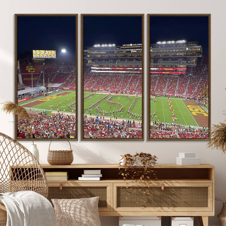 Canvas print depicting a packed stadium at night with a marching band forming USC, celebrating the Trojans at Los Angeles Memorial Coliseum.