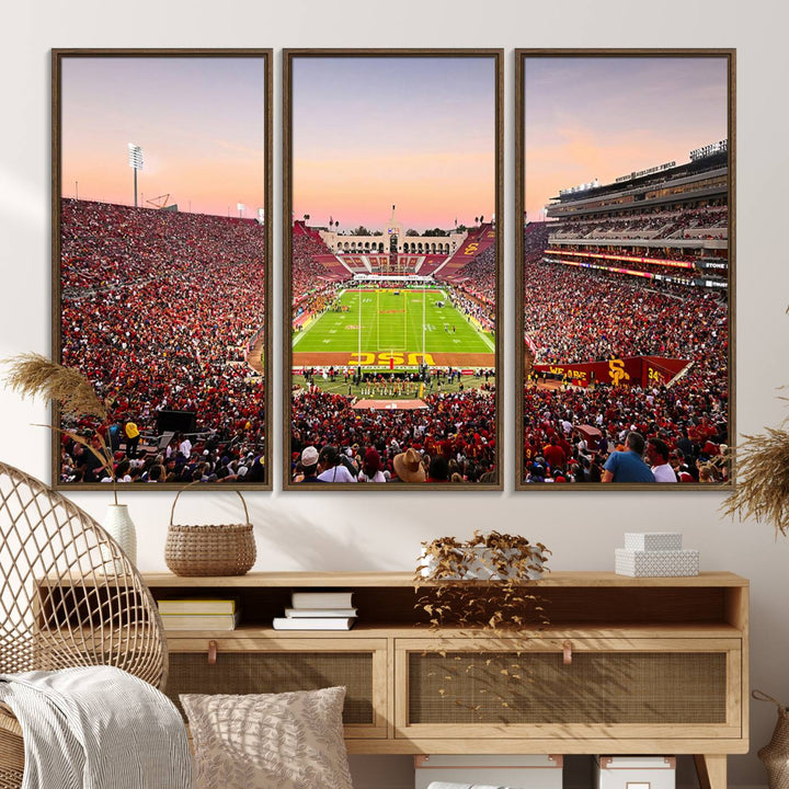 A USC Trojans wall art canvas print highlights the scene, depicting the Coliseum Stadium at sunset.