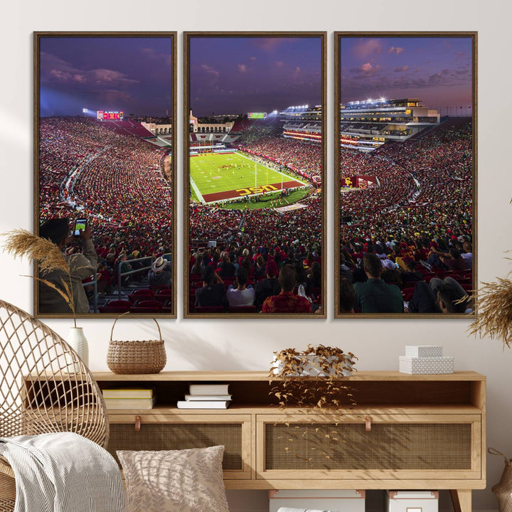 The vibrant wall art canvas print captures the USC Trojans playing under lights at dusk in LA Memorial Coliseum.