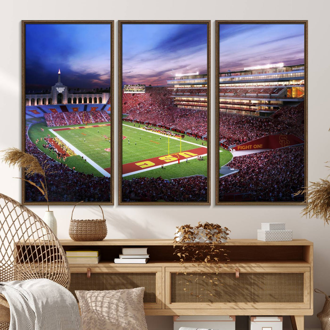 A vibrant painting of fans cheering for The University of Southern California USC Trojans under bright stadium lights.