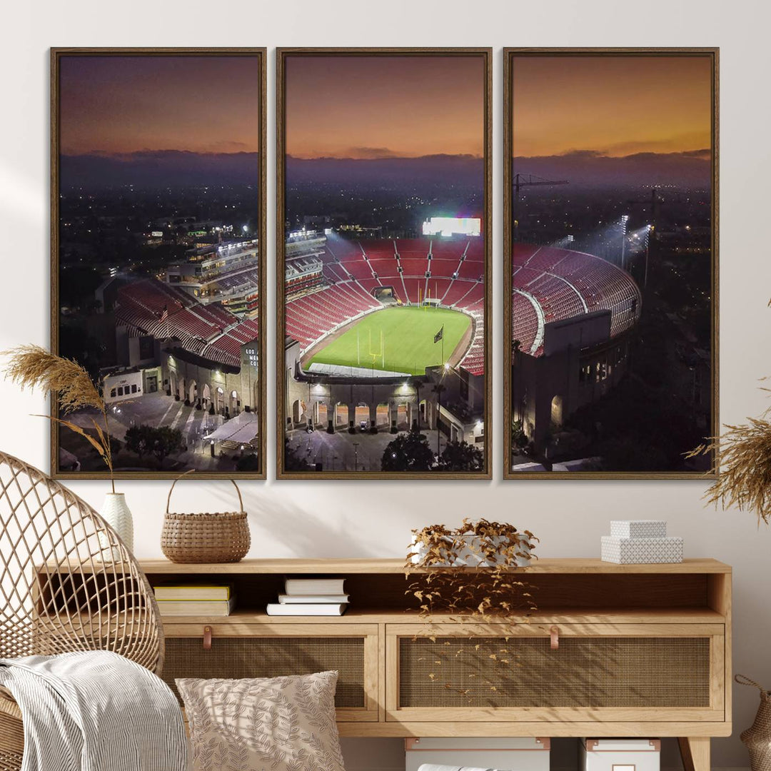 The USC Trojans Stadium canvas captures Memorial Coliseum at twilight, showcasing red seats and a green field beneath an orange sky.