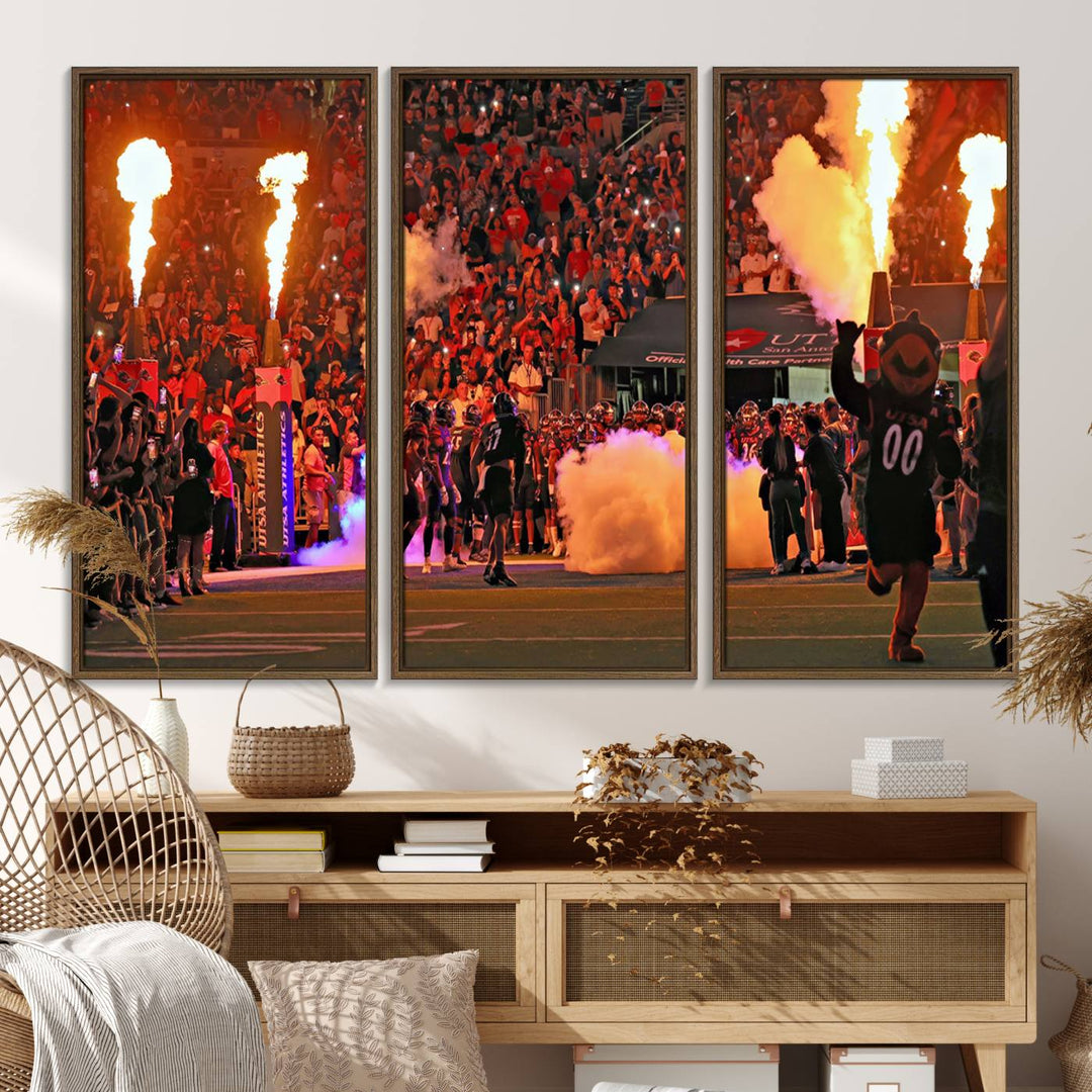 This canvas print captures the UTSA Roadrunners storming the Alamodome under smoke and fire.