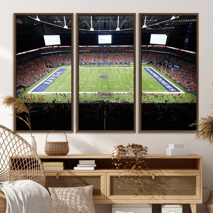 The UTSA Roadrunners game at Alamodome canvas print captures the scene from above, displaying fans and the UTSA lettering on the field.