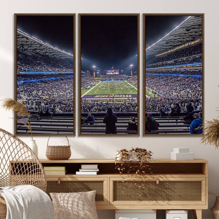 A canvas print titled The University of Washington Huskies Football depicts a packed Husky Stadium at night, as seen from the stands.