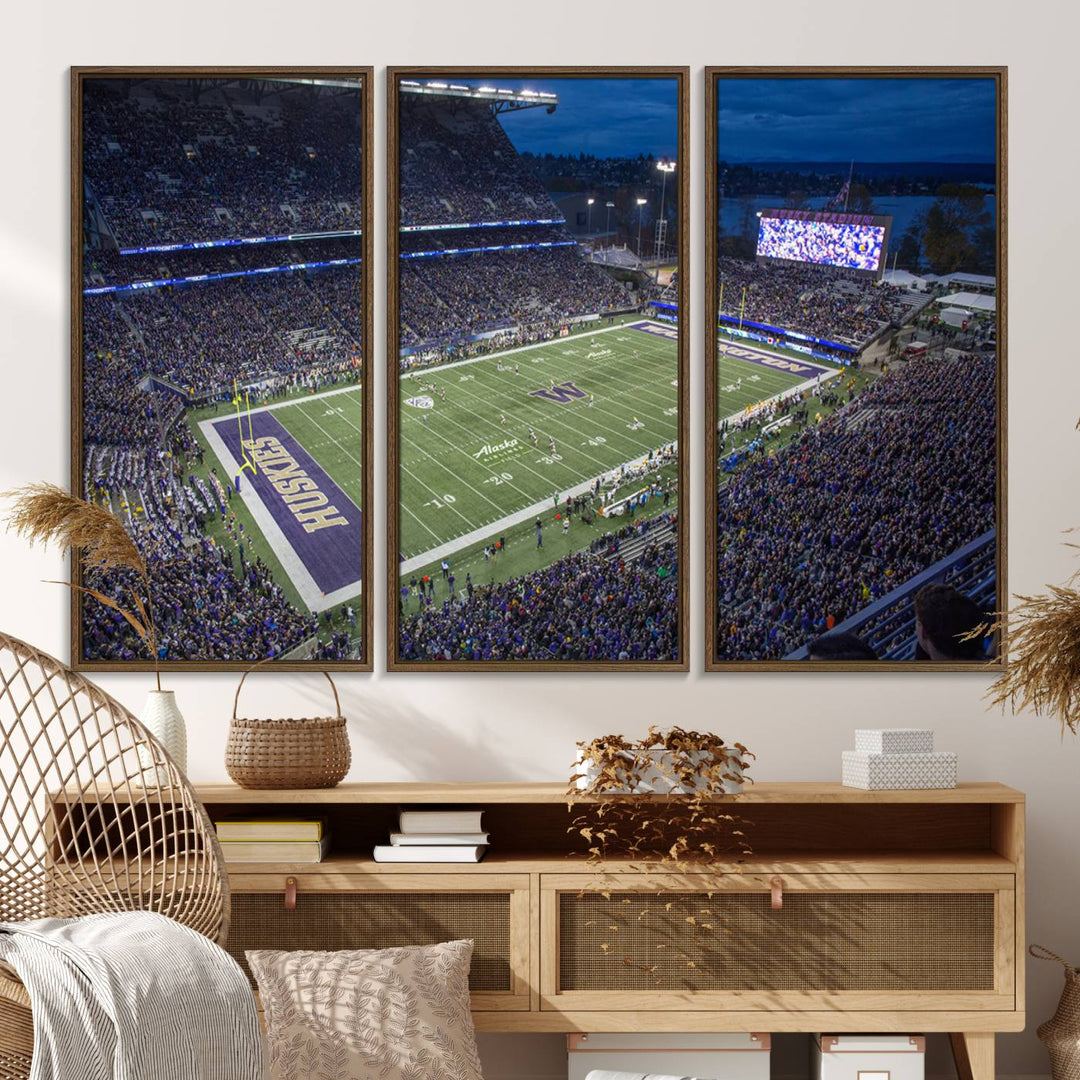 The University of Washington Huskies Football Team Print: Seattle Husky Stadium Wall Art Canvas captures a dusk stadium view.