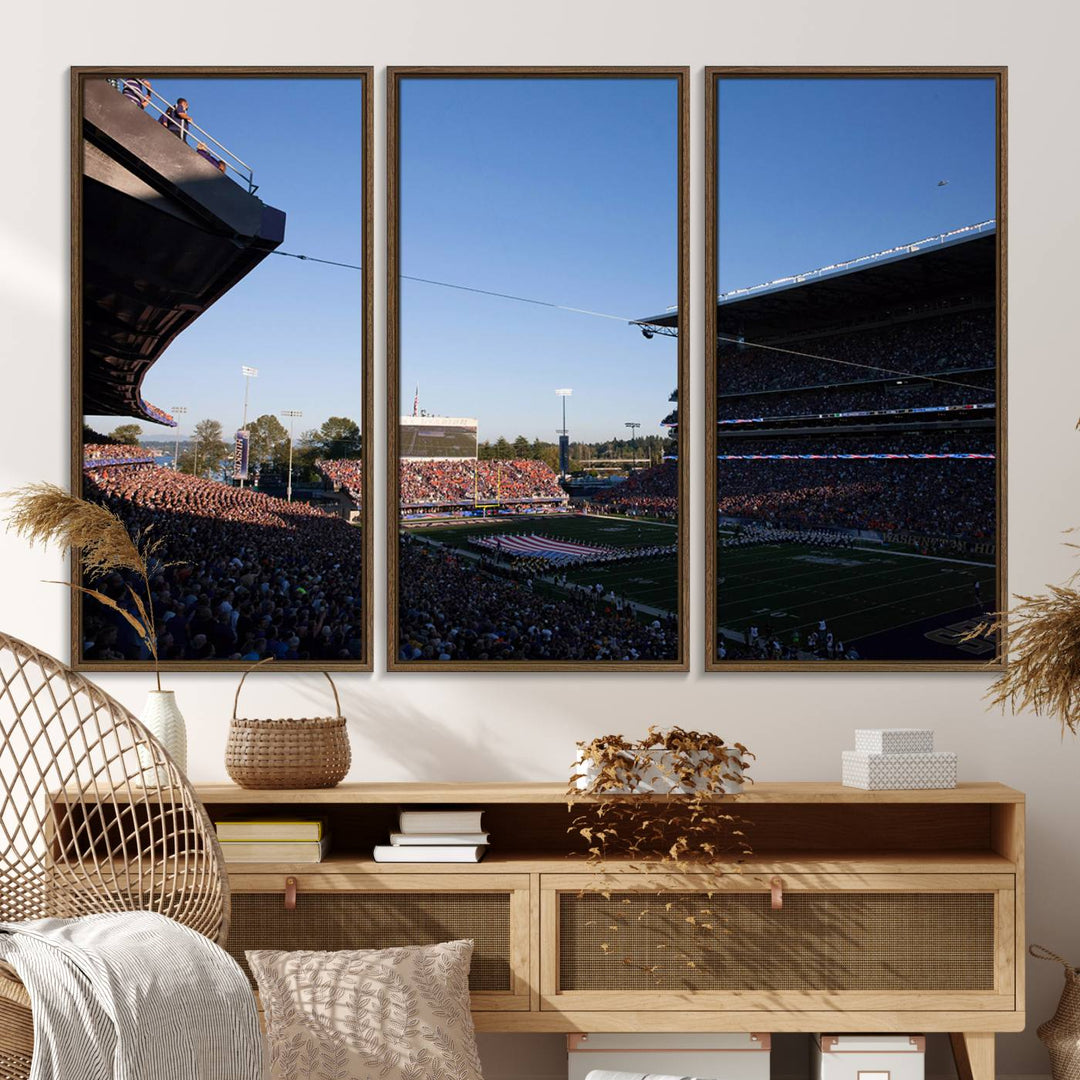 The University of Washington Huskies wall art print depicts Husky Stadium coming alive with fans as flags flutter.