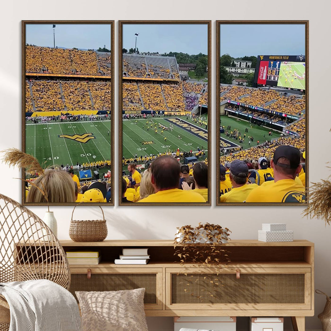 A Puskar Stadium canvas print decorates the modern living room shelf.