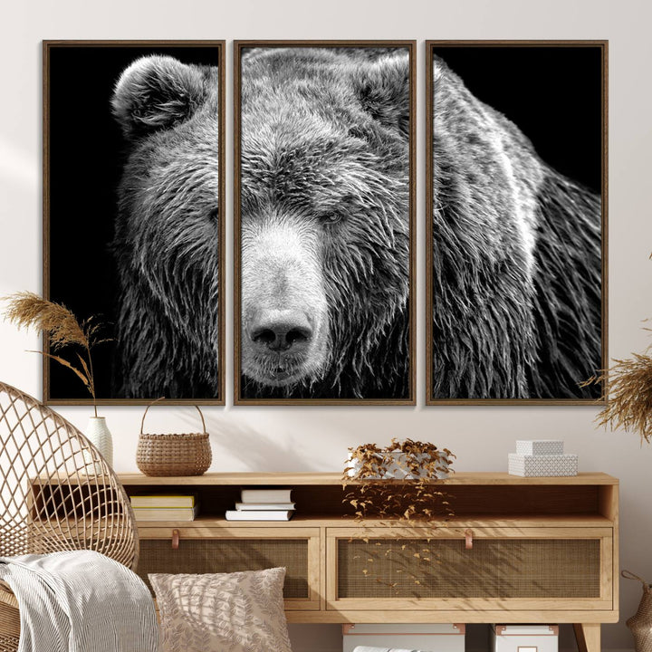 The 399 Grizzly Bear Canvas Print is displayed prominently on a wall in a modern living room.