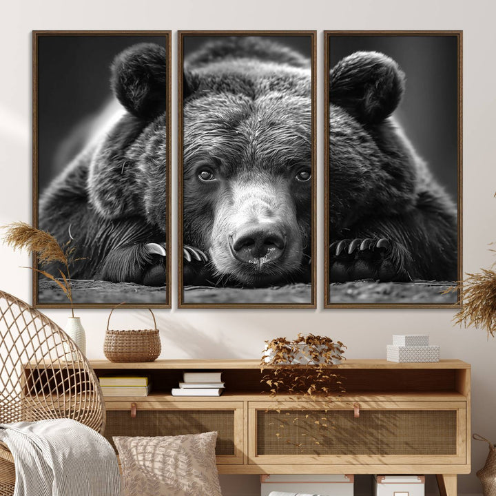 A black and white canvas print titled Resting Grizzly 399 Bear is displayed prominently.