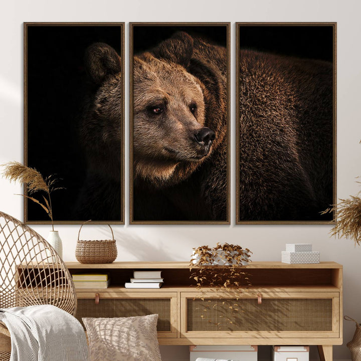 The Wild Grizzly 399 Bear Canvas Wall Art Print enhances modern living rooms with its neutral color palette.