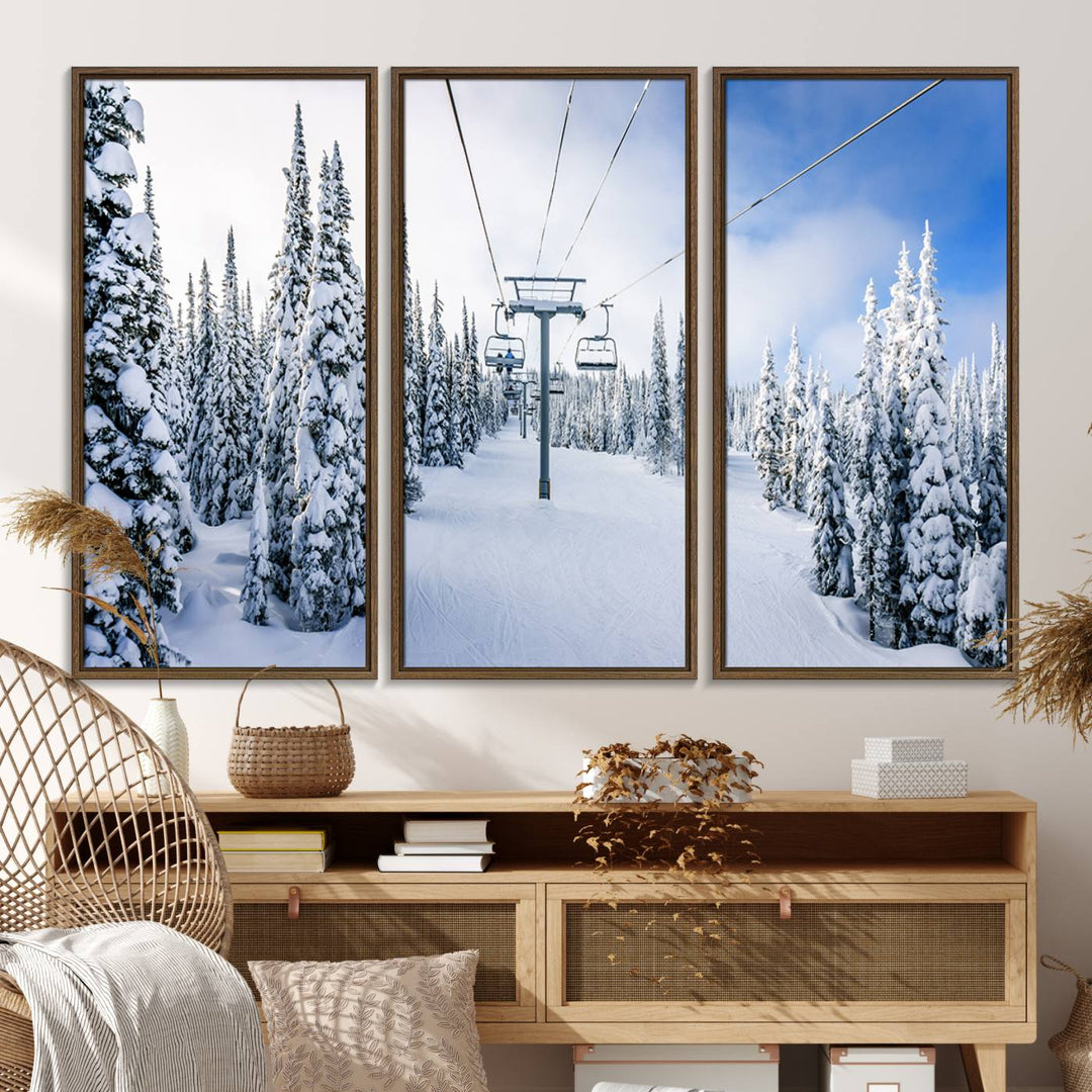 Winter Ski Lift Wall Art Print: Snowy Mountain Adventure, ideal for cabin or farmhouse decor under a clear blue sky.